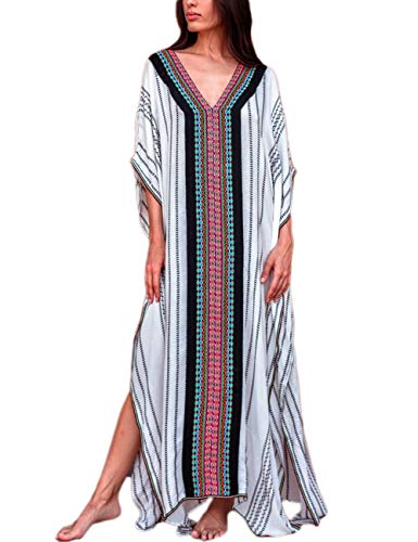 Bsubseach Black White Striped Beach Kaftan Dress for Women Short Sleeve Swimsuit Cover Ups for Swimwear
