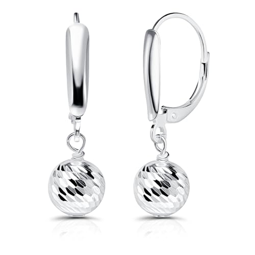 Sterling Silver 8mm Diamond-Cut Beads Dangle Leverback Earrings