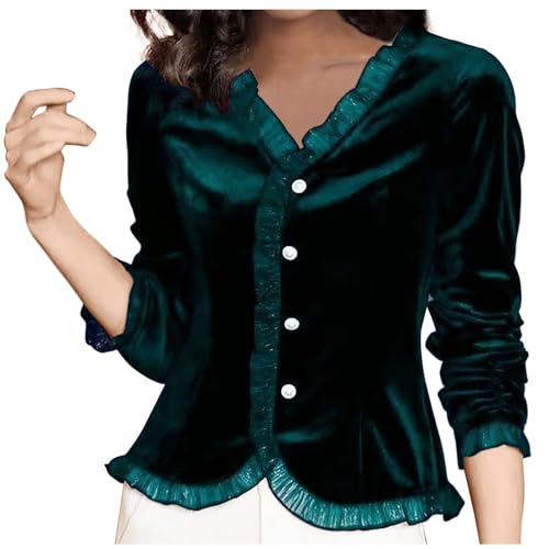 Elegant Velvet Shirts Ladies Italian Ruffle Shirt Long Sleeve Button Up Dress Blouse Elegant Party Tunic Tops Slim Fit V Neck Business Casual Undershirts Mesh Patchwork Shirt Plus Size 20 Green