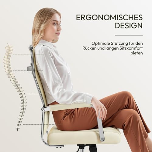 Yaheetech Bürostuhl ergonomischer Schreibtischstuhl mit Armlehnen, Chefsessel Computerstuhl hoher Rückenlehne, Arbeitsstuhl mit Wippfunktion bis 136 kg Belastbar Beige