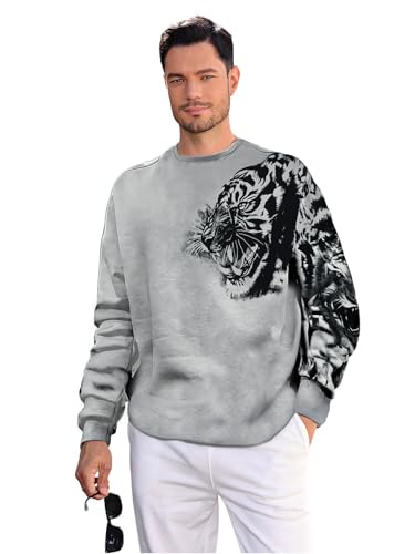 WDIRARA Men's Animal Print Drop Shoulder Sweatshirts Round Neck Long Sleeve Athletic Pullover