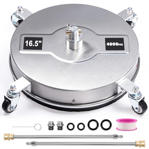 16.5"Pressure Washer Surface Cleaner,4000PSI Patio Cleaner Attachment with 4 Wheels, Stainless Steel Housing,Power Washer Rotary Brush with 2 Extension Wands and 1/4" Quick Connector for Outdoor/Patio