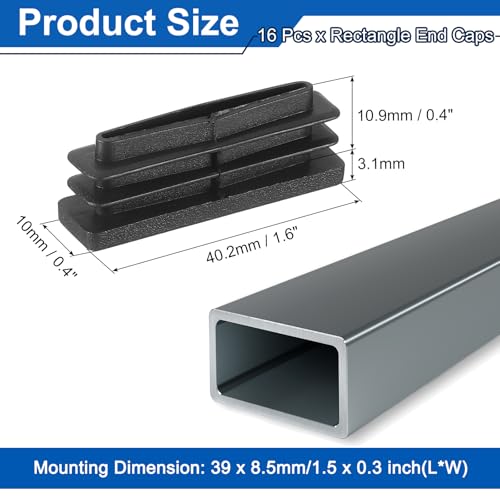 Image of uxcell 16 Pcs Rectangle Tubing End Caps 1 5 /8 x 3 /8 Inch Plastic Hole Plugs Insert End Cap for Metal Tubing Post Chair Leg Table Bookshelves Furniture, Black