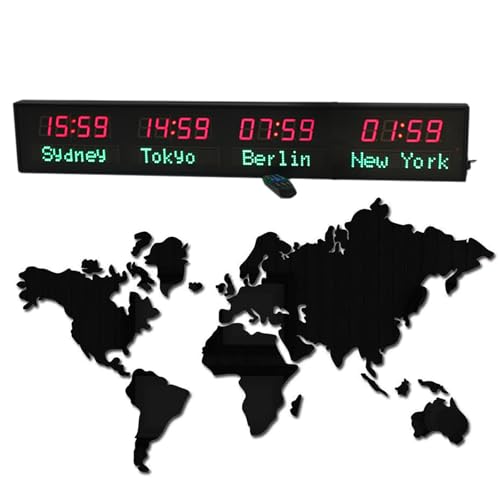 Memykoy Orologio con fusi orari mondiali, Orologio Digitale con più fusi orari, Orologio Mondiale a LED, 3 Livelli di Regolazione della luminosità, Orologio Mondiale con 3/4/5/6 Città 4Time
