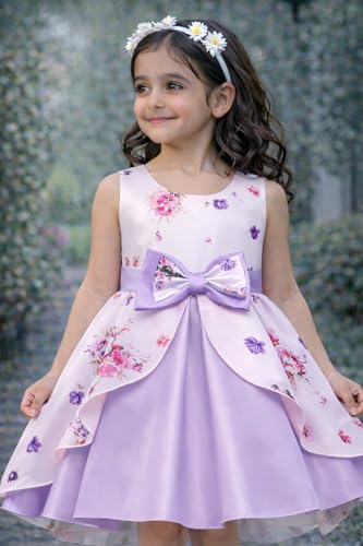 Image of Buy & Try Girl's Satin Floral Printed Frock Knee Length Short Frocks Dress.