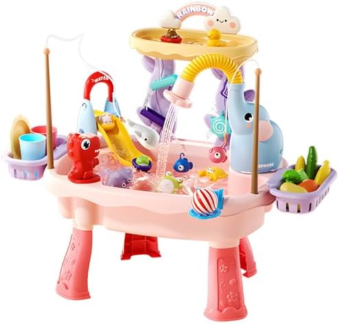 TUVBPK 2027 Upgraded Toddler Sand Water Table Toy with Electric Water Pump, Kids Sand Water with Faucet/Play Food Accessories/Fishing Toy, Kitchen Play Sink Toys for Girl Boy Age 3+ (Pink)