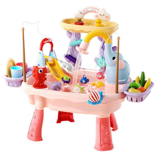TUVBPK 2027 Upgraded Toddler Sand Water Table Toy with Electric Water Pump, Kids Sand Water with Faucet/Play Food Accessories/Fishing Toy, Kitchen Play Sink Toys for Girl Boy Age 3+ (Pink) by TUVBPK - Used condition - US$25.37