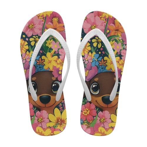Noprintge Flip Flops for Women Ultra-Lightweight Summer Sandals with Non-Slip Sole Dachshund and Flowers Print Comfortable Cushion Slip On Beach Thong Sandals