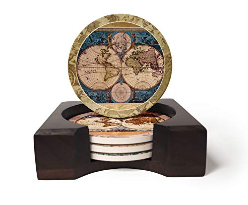 CoasterStone Included Old World Map Drink Coaster Set with Holder, 4.25', Neutral Colors
