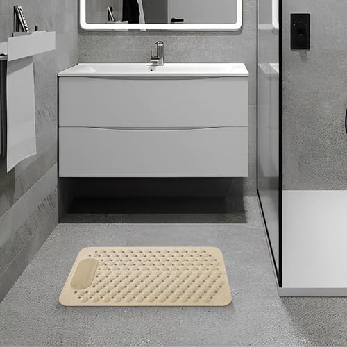 Image of VHKD PVC Bathroom Door Bath mat Anti Slip Skid with Foot Scrubber for Room Shower Suction Cups Drain Holes Silicone Floor mat Rectangle (Beige) 70x35cm