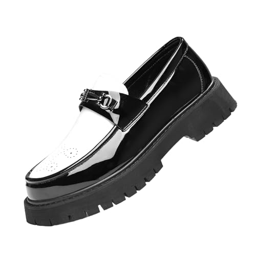 Image of XENTORD Men's Patent Leather Platform Loafers Comfort Non-Slip Lug Sole Slip-On Dress Shoes with Metal Horsebit Detail for Business Office & Casual