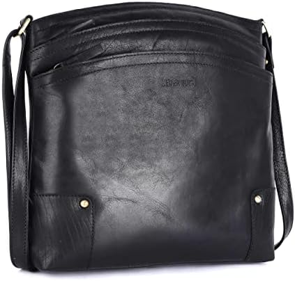 Lederbuck Terry Large Soft Real Leather Crossbody handbag-Triple Zip Premium Sling Crossover Shoulder Bag for Women (Black)