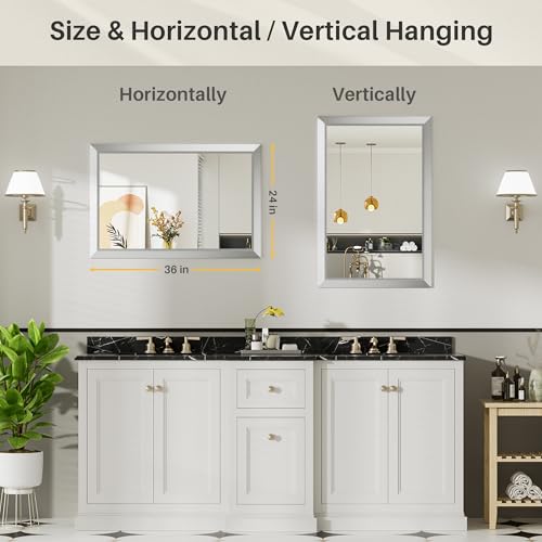 24x36 Inch Silver Bathroom Mirror for Wall, Thick Metal Framed Rectangle Mirrors for Over Sink, Bedroom, Living Room, Entryway, Anti-Rust, HD Tempered Glass