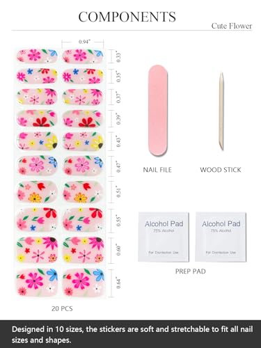 AutyaMee Semi Cured Gel Nail Strips (Cute Flower), 20 Pcs Summer Pink Gel Nail Wraps, Stickers, UV Light Required, Salon Quality, Long Lasting