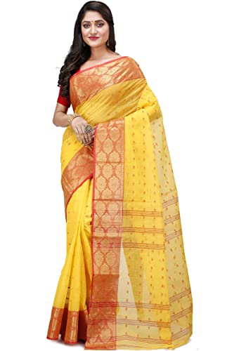 PuJoy Women`s Pure Cotton Traditional Bengali Woven Asmani Tant Saree, Yellow, Standerd