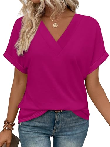 WIHOLL Womens Summer Tops 2026 Spring Fashion Trendy Short Sleeve V Neck Shirts Valentines Day Vacation Outfits Hot Pink XL