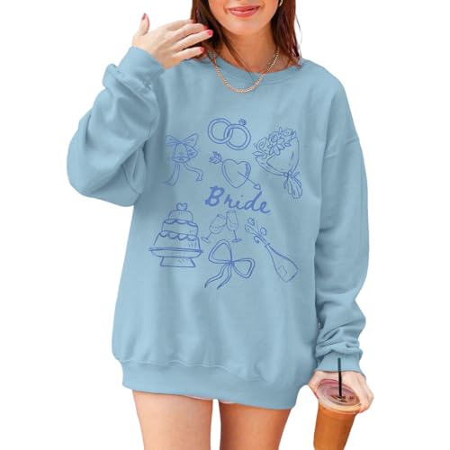 Migxsaf Bride Sweatshirt Mrs Fiancee Engaged Sweatshirts Oversized Long Sleeve Shirts Bachelorette Wedding Party Gifts(Skyblue,XL)