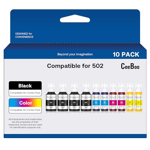 CEEBOO 502 Refill Ink Bottle Replacement for Epson 502 Ink Refill Bottles (Not Sublimation Ink) , 4 Black 140 mL, 2 Cyan 80 mL, 2 Magenta 80 mL, 2 Yellow 80 mL, 10 Bottles