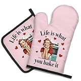 DYJYBMY Life is What You Bake It Funny Oven Mitts and Pot Holder Set for Baking Cooking, Bake Lover Gifts, Vintage Lady Kitchen Gadgets for Women, Hostess Baking Gifts for Mom Sister BFF Chef Friend