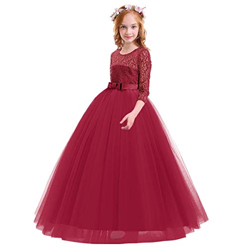 Image of Girls Flower Vintage Floral Lace 3 /4 Sleeves Floor Length Dress Wedding Party Evening Formal Pegeant Dance Gown