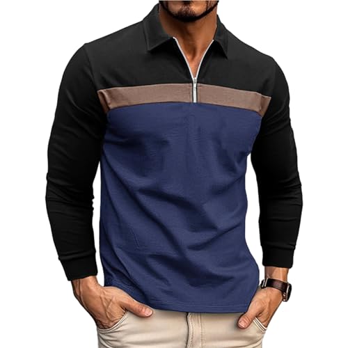 Ryehack Hommes 1/4 Zip Polos Manches Longues Hauts en Coton Raglan Pull Chemise de Golf Regular Fit, Noir+Bleu, L