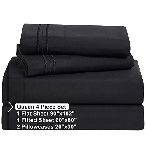 Nestl Queen Sheets Set - 4 Piece Bed Sheets For Queen Size Bed, Double Brushed Queen Size Sheets, Hotel Luxury Black Sheets, Extra Soft Bedding Sheets & Pillowcases #TOP1