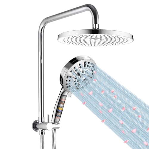 YFUN Shower Combo,10" Larger Rain Showerhead and 10 Spray Setting Mode Handheld Filter ShowerHead, Brass Deverter and Holder 2in1 (Shower Combo, Chrome)