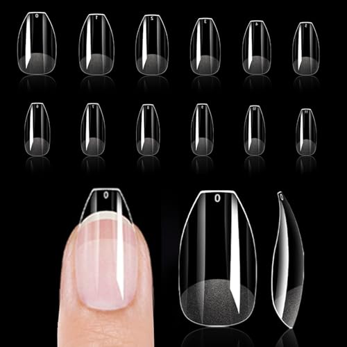 Medium Coffin Nail Tips, 288Pcs Soft Gel Pre Filed Acrylic Almond Fake Nails, Gel Nail Tips, for Extension Manicure Salon DIY at Home 12 Sizes