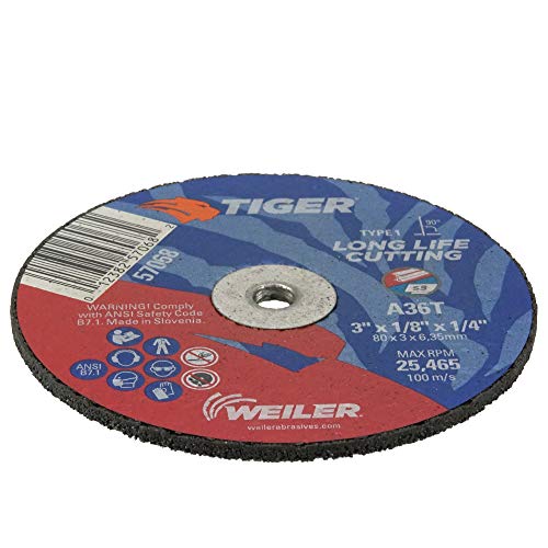 Image of Weiler 57068 3-Inch Cutting Wheel, Tiger AO Steel /Metal Long Life, Performance Cutting, 1 /8 inch A36T Type 1 1 /4 inch Arbor (Pack of 100)