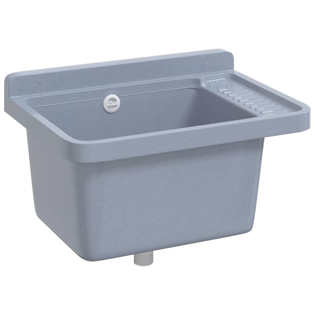 Fregadero de pared gris 50 x 35 x 24 cm resina 11 L de volumen con rebosadero, fregadero para cocina y jardín, empotrable con escurridor para interior y exterior