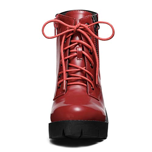 Allegra K Allegra K Women's Round Toe Chunky Heels Lace Up Zipper Red Combat Boots 7 M US