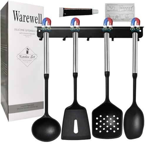 Warewell Magnetic Silicone Cooking Utensils Set with Self Stick on Wall Rack, No Need to Drill, Kitchen Utensils Set with Stainless Steel Handle, Heat Resistant, Nontoxic, Dishwasher Safe, Black
