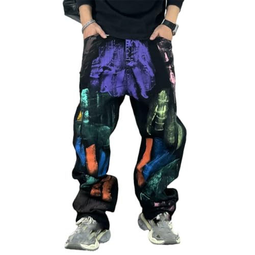 Men’S Trendy Hip Hop Graffiti Baggy Straight Denim Cargo Trousers Slim Fit Full Length Button Fly Midweight Fashion Pants