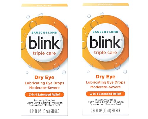 BLINK Triple Care Lubricating Eye Drops – Long-Lasting Hydration for Moderate to Severe Dry Eyes, Moisturizes & Soothes with Hyaluronate, 0.34 Fl Oz (Pack of 2)