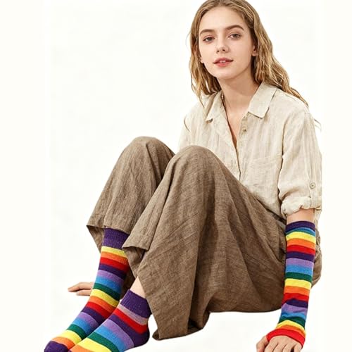 Image of YELAIVP Over Knee Rainbow Thigh High Socks Gloves Set Cosplay Accessories Arm Leg Warmers for Girls