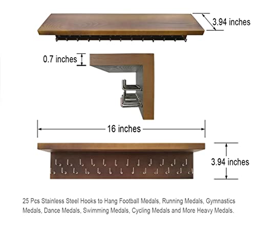 Qktxktzy Medal Hanger Trophy Shelf Display Sport Awards. Sturdy Medal Holders for Gymnastics Basketball Soccer Honors Wall Mount Rack, Perfect All-in-1 Wood Shelf by 25 Pcs Steel Hooks. (Brown) by Qktxktzy - Image 3