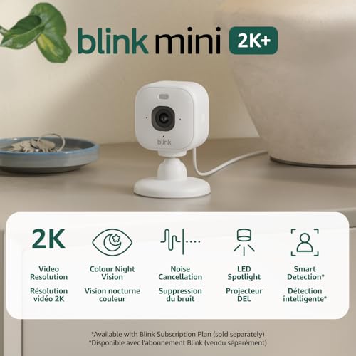 Blink Mini 2K+ (newest model) – Plug-in Home & Pet Security Camera with 2K video resolution, colour night vision, enhanced audio, motion detection – 2 cameras (White)