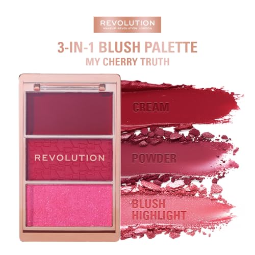 Image of Revolution Blush Icon Palette, Cream & Pressed Powder Blusher, Highly Pigmented, Face Palette, Vegan & Cruelty-Free, 3 Shades, My Cherry Truth, 9.8gm
