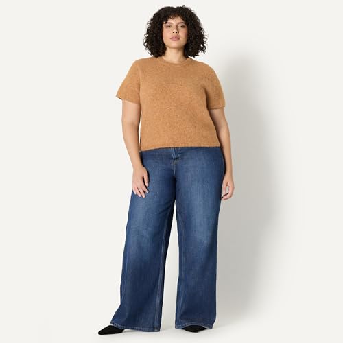 Amazon Essentials Women's Relaxed-Fit Faux Mohair Short Sleeve Sweater Top, Camel Heather, Medium - image 7
