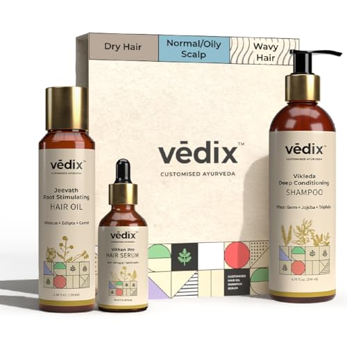 Vedix Ayurvedic Hair Regimen for Normal/Oily Scalp (Set of 3) | Dry & Wavy Hair | Hibiscus & Eclipta Oil + Sulfate Free Shampoo + Non-Greasy Serum