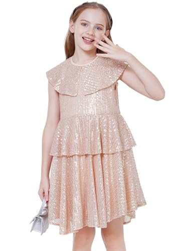 WULFUL Girls Sequin Dress Sparkly Party A-line Flutter Neckline Dual-Layer Holiday Prom Formal Dresses 5-12Y2
