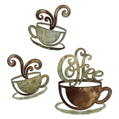 Putuo Decor Rustic Coffee Cup Metal Wall Decor, Vintage Coffee Bar Kitchen Wall Art, Set of 3 Farmhouse Bar Accessories Hanging for Dining Room Cafe Bakery