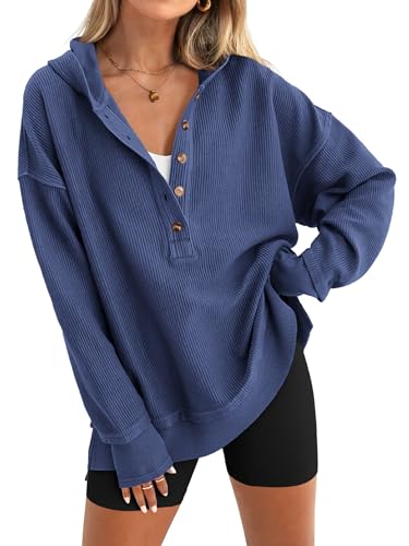 PRETTYGARDEN Womens Fashion 2025 Oversized Long Sleeve Hoodie Button Down V Neck Sweatshirt Side Slit Casual Pullover Tops(Blue,Large)