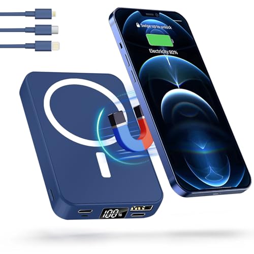 Power Bank 10000mAh Bateria Externa Magnético Inalámbrico Bateria con 3 Cables de Carga Integrados UCB C PD 20W Cargador Movil Portátil, para iPhone 12/13/14/15/Pro MAX/Mini y Samsung etc (Azul)