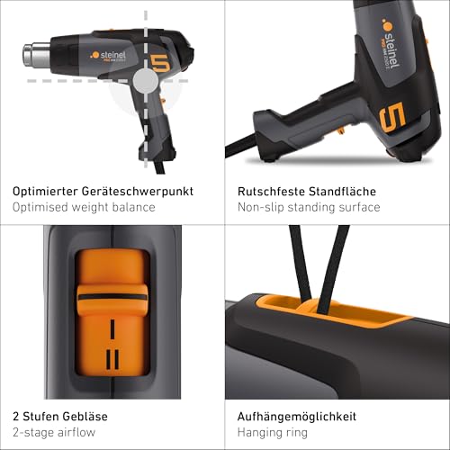 Steinel Heißluftpistole HM 2320 E Set, inkl. Düsen und Schrumpfschläuche, 2300 W Profi-Heißluftfön, 80°-650°C, LCD Display, Keramikheizung
