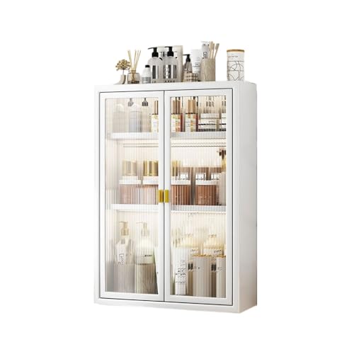 SwiftLink 壁掛けラック 扉付き ウォールキャビネット シェルフ すき間 壁面収納 密封防水 高耐荷重 炭素鋼フレーム 壁を傷つけない 取り付け簡単 洗面所 浴室 トイレ用 白3段 両開き【幅50cm】 50*14*70cm