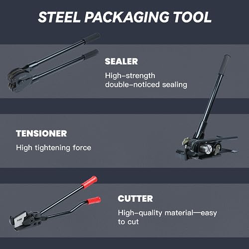 U.S. SOLID Stahl-Umreifungsset, Werkzeugset, Palettenverpackungs-Umreifungsset für 19 mm Stahlbänder - Spanner, Versiegeler, Schneider für Stahlmetall-Umreifung