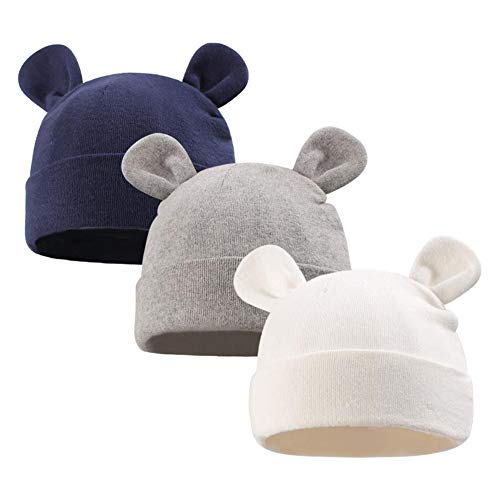 Duoyeree Baby Hat Newborn Hat Adorable Cotton Bear Ear Beanie Cap For Infant Girl Boy 0-6 Months, Grey White And Navy #TOP1