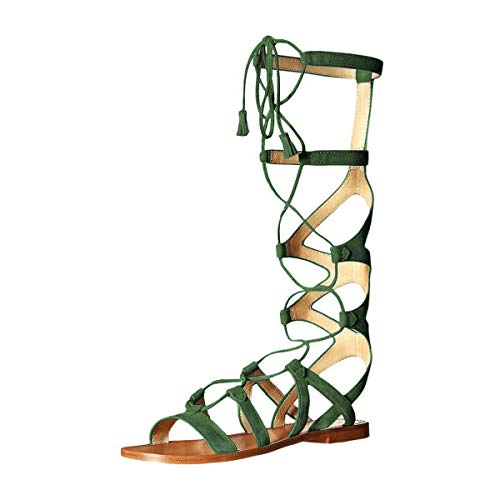 YDN Women Sexy Knee High Lace up Flats Fringe Low Heel Gladiator Strap Sandals Shoe