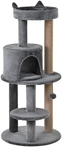 Pawhut Cat Tree for Indoor Cats Kitten Scratching Post Climbing Tower Pet Activity Center Grey 48 x 48 x 104 cm